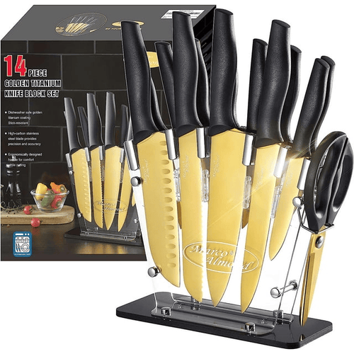 Golden Kinfe set,Marco Almond KYA23 14-Piece Dishwasher Safe Knife Set with Stand Kitchen Knives Stainless Steel EasyOptionXY LLC