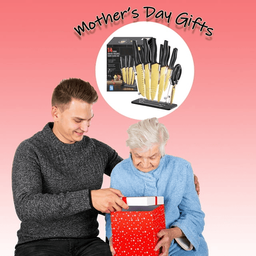 Golden Kinfe set,Marco Almond KYA23 14-Piece Dishwasher Safe Knife Set with Stand Kitchen Knives Stainless Steel EasyOptionXY LLC