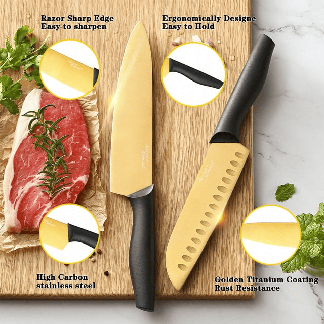 Golden Kinfe set,Marco Almond KYA23 14-Piece Dishwasher Safe Knife Set with Stand Kitchen Knives Stainless Steel EasyOptionXY LLC
