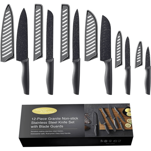 Marco Almond KYA39 12-Piece Black Kitchen Knife Set, Black Chef Knives with Sharp Blades,Blade Guards,Stainless Steel,Dishwasher Safe EasyOptionXY LLC