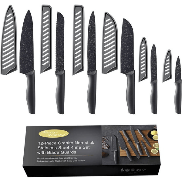 Marco Almond KYA39 12-Piece Black Kitchen Knife Set, Black Chef Knives with Sharp Blades,Blade Guards,Stainless Steel,Dishwasher Safe EasyOptionXY LLC
