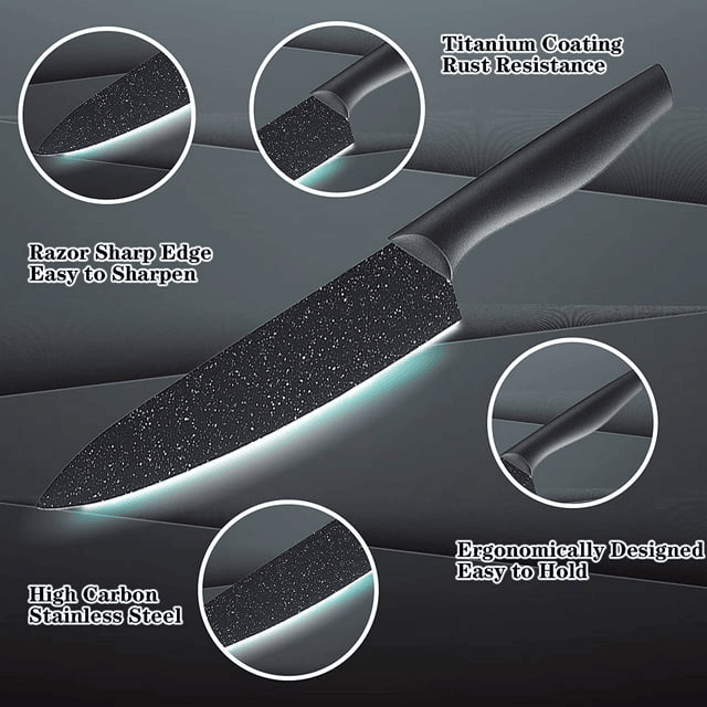 Marco Almond KYA39 12-Piece Black Kitchen Knife Set, Black Chef Knives with Sharp Blades,Blade Guards,Stainless Steel,Dishwasher Safe EasyOptionXY LLC