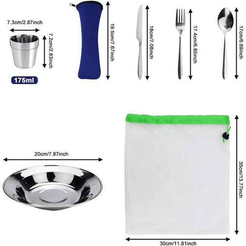 BUZIFU 7 in 1 Camping Cutlery Set Stainless Steel Utensils Camping Tableware Mess Kit Complete Dinnerware Set Includes Plate Bowl Cup Spoon Fork Knife Mesh Travel Bag for Camping Backpacking EasyOptionXY LLC