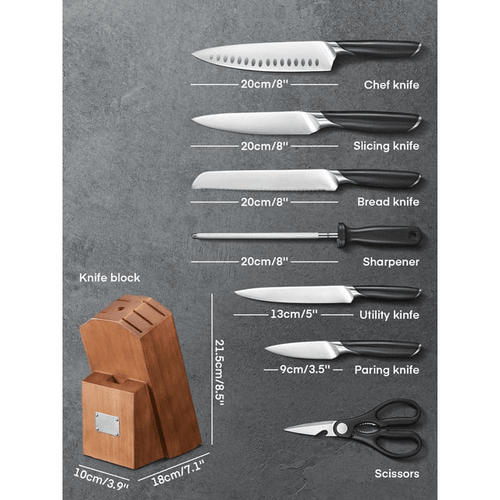 Knife Set, 8-Piece Premium Knife Block Set with High Carbon German Steel, 5 Knives, Sharpening Steel, Multi-Purpose Scissors, Block of Wood, Ergonomic ABS Handle EasyOptionXY LLC