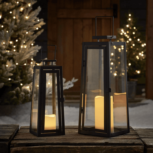 Lights4fun, Inc. Set of Two Black Metal Battery Operated LED Indoor Outdoor Garden & Patio Flameless Candle Lantern Lights EasyOptionXY LLC