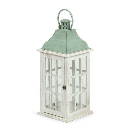 Noble House Montville Mango Wood Handcrafted Decorative Lantern, White and Green Patina EasyOptionXY LLC