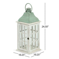 Noble House Montville Mango Wood Handcrafted Decorative Lantern, White and Green Patina EasyOptionXY LLC