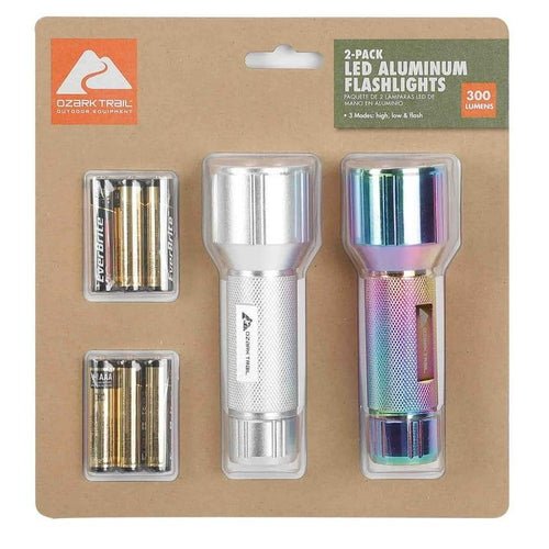 Ozark Trail LED 300 Lumens Handheld Aluminum Flashlights, with 6 AAA Batteries, 2 Pack, Silver and Iridescent EasyOptionXY LLC
