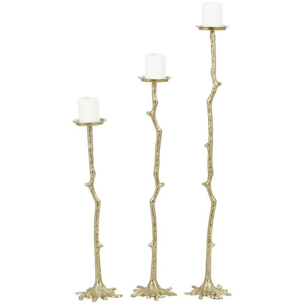 DecMode 3 Candle Gold Aluminum Abstract Tall Floor Textured Metallic Candle Holder with Stick Inspired Design, Set of 3 EasyOptionXY LLC