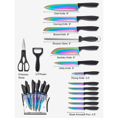 Knife Set, 16 Pieces Rainbow Titanium Coating Cutlery Set No Rust Knife Block with Serrated Steak Knives EasyOptionXY LLC