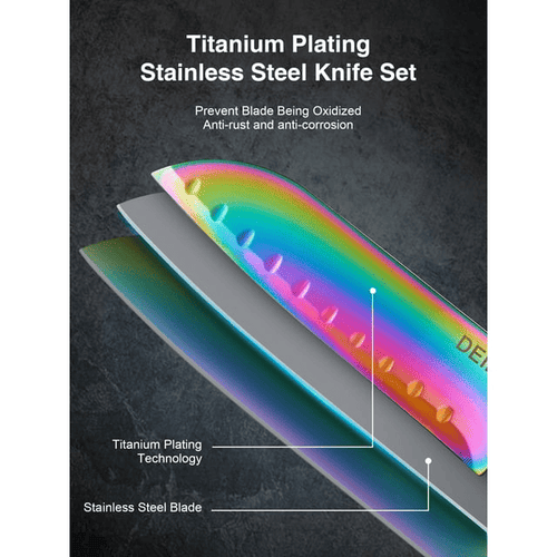 Knife Set, 16 Pieces Rainbow Titanium Coating Cutlery Set No Rust Knife Block with Serrated Steak Knives EasyOptionXY LLC