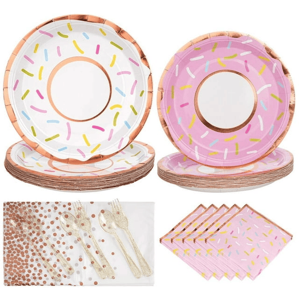 Pink Party Plates, 126Pcs Donut Paper Tableware Set Include Plates Napkins Cutleries Tablecloth- Party Decorative Supplies for Birthday Wedding Valentines, 7 inch and 9inch EasyOptionXY LLC