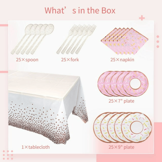 Pink Party Plates, 126Pcs Donut Paper Tableware Set Include Plates Napkins Cutleries Tablecloth- Party Decorative Supplies for Birthday Wedding Valentines, 7 inch and 9inch EasyOptionXY LLC