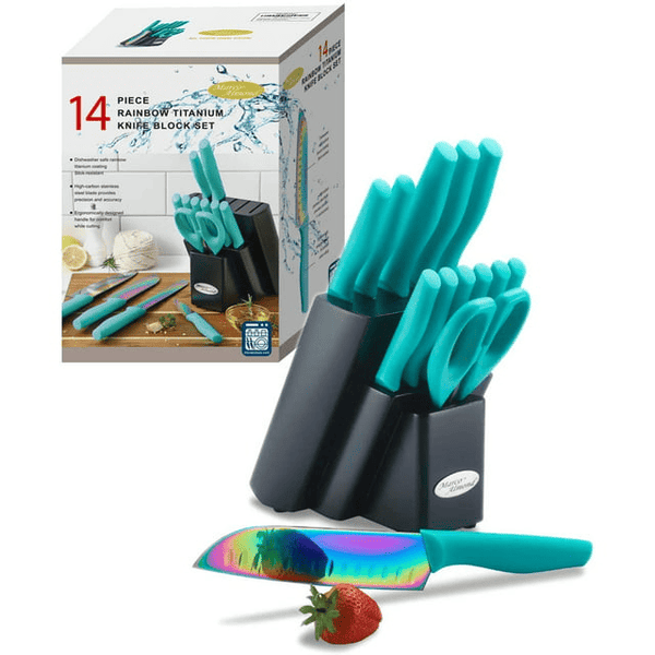 Kitchen Knife Set DISHWASHER SAFE Marco Almond KYA27 14PC Rainbow Kitchen Knife Block Set,Titanium Cutlery Knife Set,Teal EasyOptionXY LLC