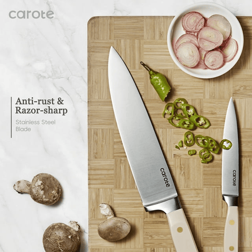 CAROTE 11PCS Knife Set with Block for kitchen, Stainless Steel Razor-Sharp Blade, Triple Riveted Ergonomic Handle,Essential Knife Set, Beige EasyOptionXY LLC