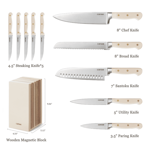 CAROTE 11PCS Knife Set with Block for kitchen, Stainless Steel Razor-Sharp Blade, Triple Riveted Ergonomic Handle,Essential Knife Set, Beige EasyOptionXY LLC