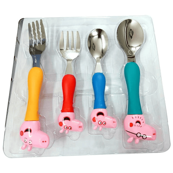 Cartoon Theme Stainless Steel Spoon & Fork Set for Kids - Baby Feeding Spoon and Fork Set (2 Spoons + 2 Forks) Perfect for Gifting (Multicolor) EasyOptionXY LLC