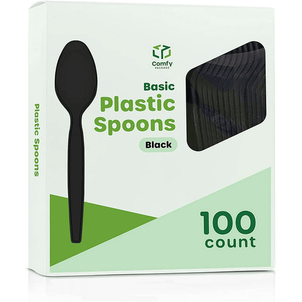 Comfy Package Basic Plastic Spoons Heavy Duty Disposable Utensils, Black 100-Pack EasyOptionXY LLC