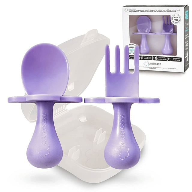 Grabease Baby and Toddler Self-Feeding Utensils ¨C Spoon and Fork Set for Baby-Led Weaning ¨C Made of Non-Toxic Plastic ¨C Featuring Protective Barriers to Prevent Choking and Gagging EasyOptionXY LLC