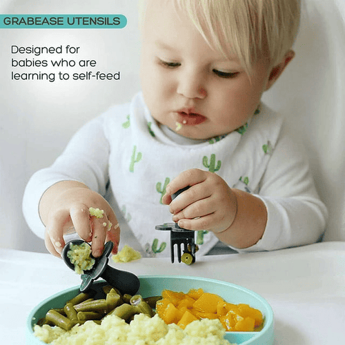 Grabease Baby and Toddler Self-Feeding Utensils ¨C Spoon and Fork Set for Baby-Led Weaning ¨C Made of Non-Toxic Plastic ¨C Featuring Protective Barriers to Prevent Choking and Gagging EasyOptionXY LLC