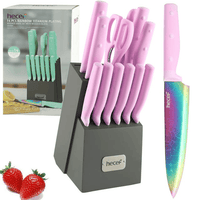 Hecef 14-Piece Kitchen Knife Set with Wooden Block Sharpening Steel, Titanium Coating Rainbow Slicing Chef Knives EasyOptionXY LLC