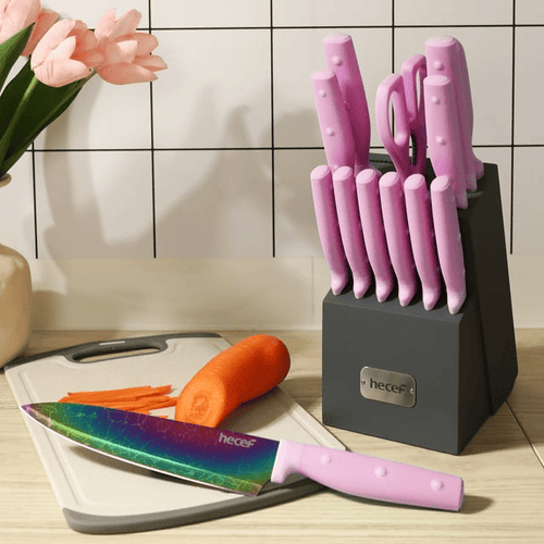 Hecef 14-Piece Kitchen Knife Set with Wooden Block Sharpening Steel, Titanium Coating Rainbow Slicing Chef Knives EasyOptionXY LLC
