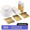 FOCUSLINE 350 Piece Gold Rim Dinnerware Set, Disposable Plastic Plates for Party or Wedding-100 Plastic Plates-50 Plastic Silverware-50 Plastic Cups-50 Linen Feel Napkins(50 Guest) EasyOptionXY LLC