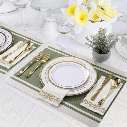 FOCUSLINE 350 Piece Gold Rim Dinnerware Set, Disposable Plastic Plates for Party or Wedding-100 Plastic Plates-50 Plastic Silverware-50 Plastic Cups-50 Linen Feel Napkins(50 Guest) EasyOptionXY LLC