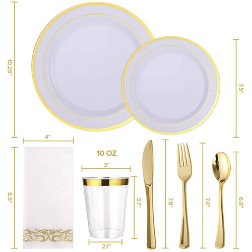 FOCUSLINE 350 Piece Gold Rim Dinnerware Set, Disposable Plastic Plates for Party or Wedding-100 Plastic Plates-50 Plastic Silverware-50 Plastic Cups-50 Linen Feel Napkins(50 Guest) EasyOptionXY LLC
