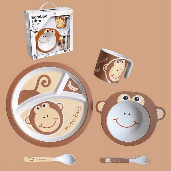 Uervoton 5 Pcs Mealtime Feeding Set for Kids and Toddlers-Monkey - Includes Plate, Bowl, Cup, Fork and Spoon Utensil Flatware - Durable, Dishwasher Safe, BPA Free EasyOptionXY LLC