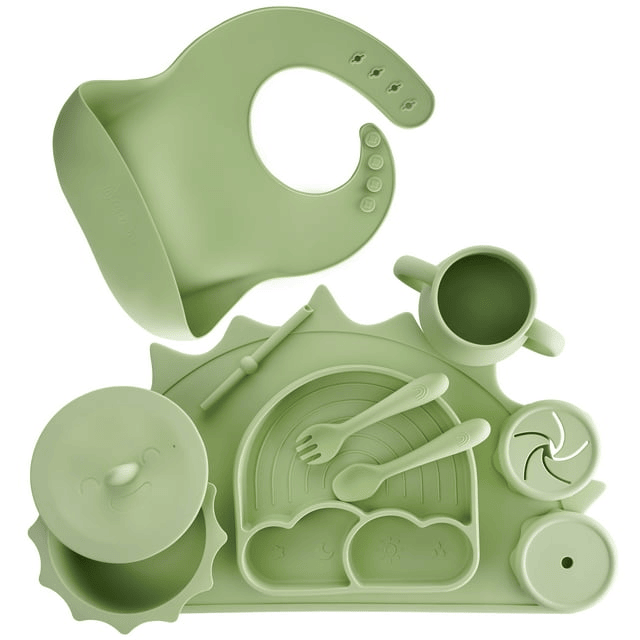 Baby Pastels - Baby Feeding Set - Baby Led Weaning Supplies - Silicone Suction Utensils/Cutlery/Dishes/Dinnerware for 6-36 Months - Bowl, Plate, Spoon Fork, Bib, Placemat, Cup 11 Pieces (Pastel Green) EasyOptionXY LLC