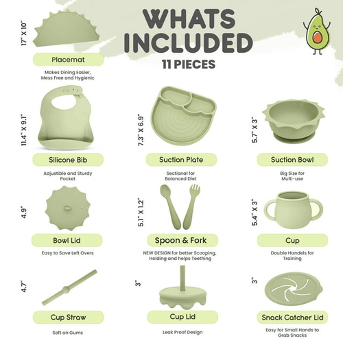 Baby Pastels - Baby Feeding Set - Baby Led Weaning Supplies - Silicone Suction Utensils/Cutlery/Dishes/Dinnerware for 6-36 Months - Bowl, Plate, Spoon Fork, Bib, Placemat, Cup 11 Pieces (Pastel Green) EasyOptionXY LLC