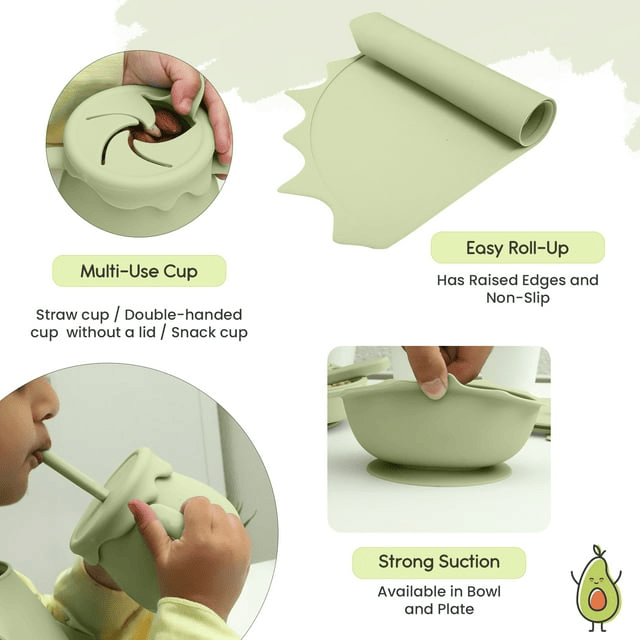 Baby Pastels - Baby Feeding Set - Baby Led Weaning Supplies - Silicone Suction Utensils/Cutlery/Dishes/Dinnerware for 6-36 Months - Bowl, Plate, Spoon Fork, Bib, Placemat, Cup 11 Pieces (Pastel Green) EasyOptionXY LLC