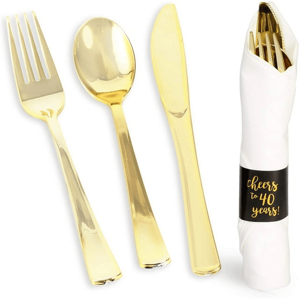 Serves 12 Gold Plastic Silverware Set for 40th Birthday Party Supplies, Cheers to 40 Years Disposable Cutlery Flatware with Napkin EasyOptionXY LLC