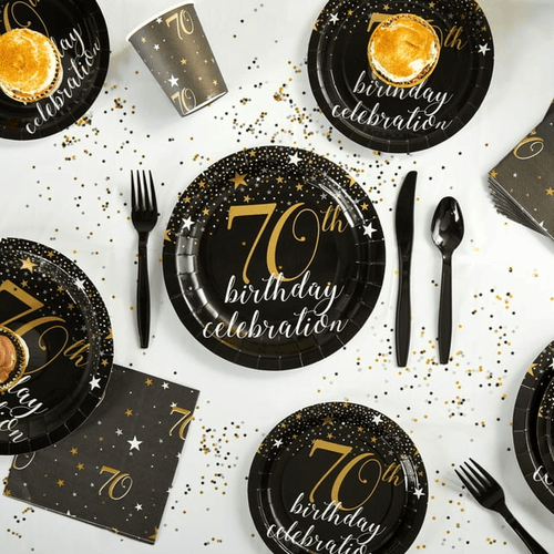 170-Piece 70th Birthday Party Supplies, Serves 24 Black and Gold Plates, Napkins, Cups, Cutlery, Tablecloth and Banner EasyOptionXY LLC