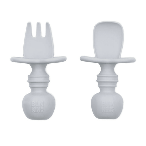 Bumkins Baby Feeding Chewtensils, Training Fork and Spoon Set, Utensils Ages 6 Mos+ (Gray) EasyOptionXY LLC