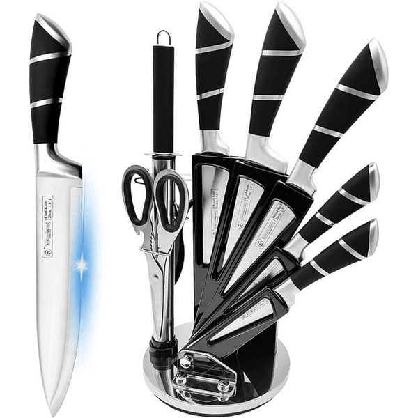 Kitchen Knife Set, 9-Pieces Black Sharp Non-Stick Coated Chef Knives Block Set ,Stainless Steel Knife Set for Kitchen with Sharpener for Cutting Slicing Dicing Chopping EasyOptionXY LLC