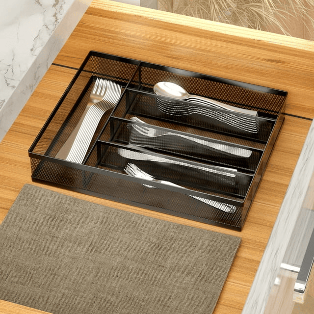 5 Component Utensil Drawer Organizer Cutlery Tray Silverware Flatware Storage Divider for Kitchen, Mesh Wire Metal Flatware Storage EasyOptionXY LLC