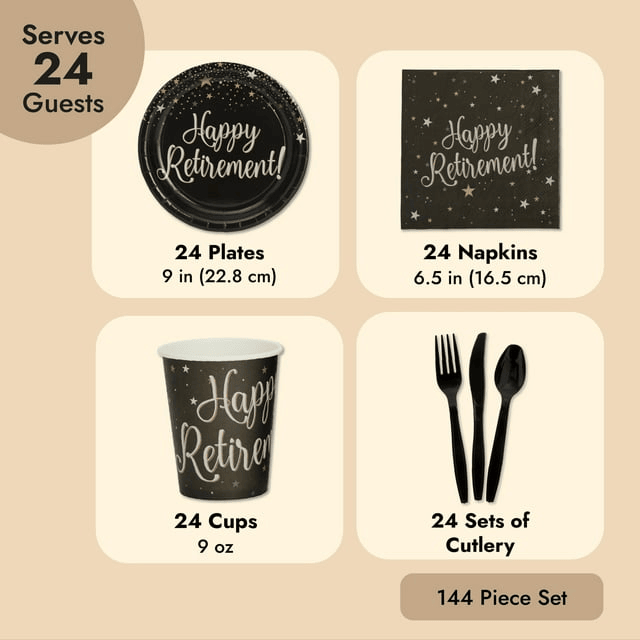 144-Piece Happy Retirement Decorations and Party Supplies with Paper Plates, Napkins, Cups, and Cutlery, Disposable Dinnerware Set for Farewell Celebration, for Men and Women (Serves 24 Guests) EasyOptionXY LLC