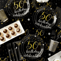 144 Pieces 50th Birthday Party Supplies with Paper Plates, Napkins, Cups, Cutlery (Black, Gold, Serves 24) EasyOptionXY LLC