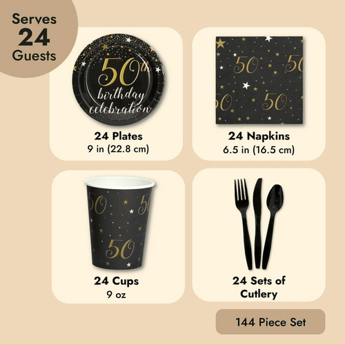 144 Pieces 50th Birthday Party Supplies with Paper Plates, Napkins, Cups, Cutlery (Black, Gold, Serves 24) EasyOptionXY LLC