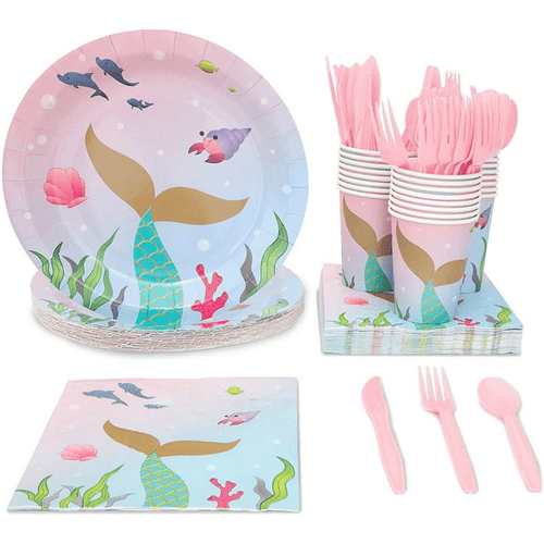 144 Pieces Mermaid Birthday Party Supplies, Dinnerware Set with Plates, Napkins, Cups, Cutlery (Serves 24) EasyOptionXY LLC