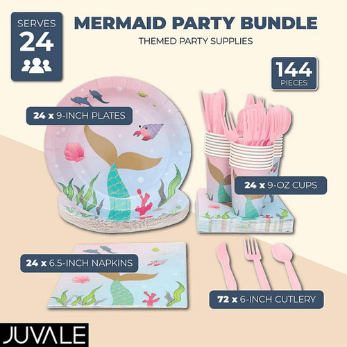 144 Pieces Mermaid Birthday Party Supplies, Dinnerware Set with Plates, Napkins, Cups, Cutlery (Serves 24) EasyOptionXY LLC