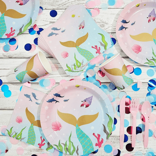 144 Pieces Mermaid Birthday Party Supplies, Dinnerware Set with Plates, Napkins, Cups, Cutlery (Serves 24) EasyOptionXY LLC