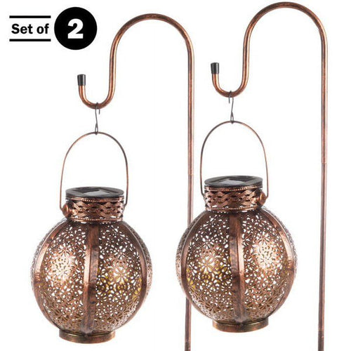 Set of 2 Solar Outdoor Lights - Hanging or Tabletop Rechargeable LED Lantern Set with 2 Shepherd Hooks for Outdoor Decor by Pure Garden (Bronze) EasyOptionXY LLC
