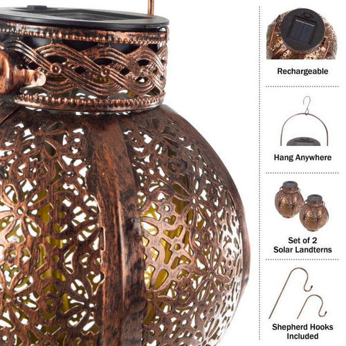 Set of 2 Solar Outdoor Lights - Hanging or Tabletop Rechargeable LED Lantern Set with 2 Shepherd Hooks for Outdoor Decor by Pure Garden (Bronze) EasyOptionXY LLC