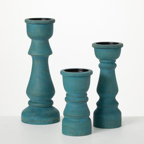 Sullivans Turquoise Wood Pillar Candle Holders Set of 3, 13.25"H, 10"H & 7.5"H Multicolored EasyOptionXY LLC