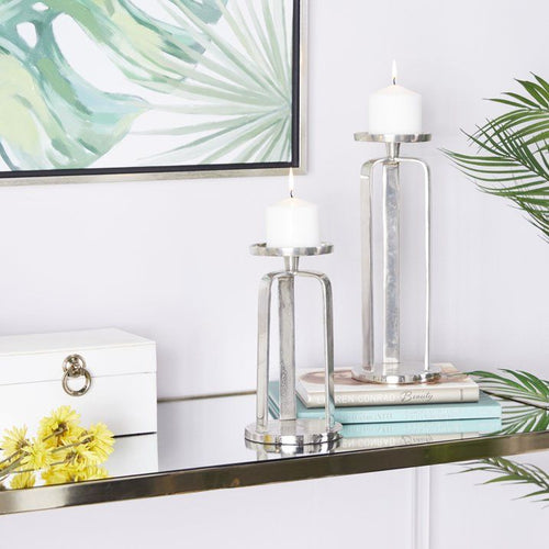 CosmoLiving by Cosmopolitan 2 Candle Silver Aluminum Geometric Pillar Candle Holder, Set of 2 EasyOptionXY LLC