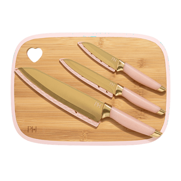 Paris Hilton 7-Piece Reversible Bamboo Heart Cutting Board and Stainless Steel Cutlery Set, Pink EasyOptionXY LLC