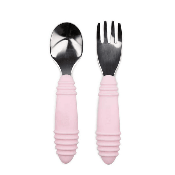 Bumkins Toddler Fork and Spoon Set, Stainless Steel & Silicone Utensils for Babies and Kids 18 Mos+ (Pink) EasyOptionXY LLC